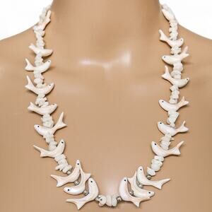 Vintage Heishi & Hand Carved Fish Fetish Bead Necklace 59g 24” Boho Southwestern